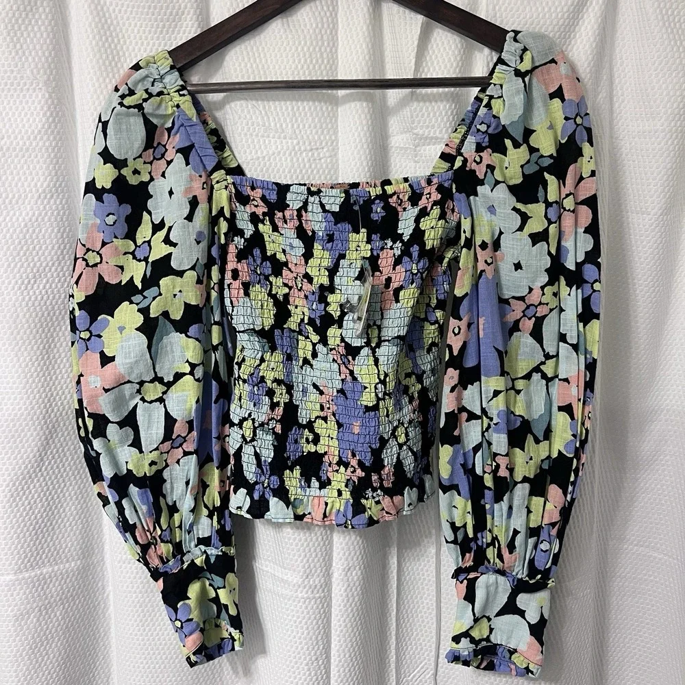 NWT Free People Black‎ Ariana Floral Smocked Puff Sleeve Top Cotton - Size XS
